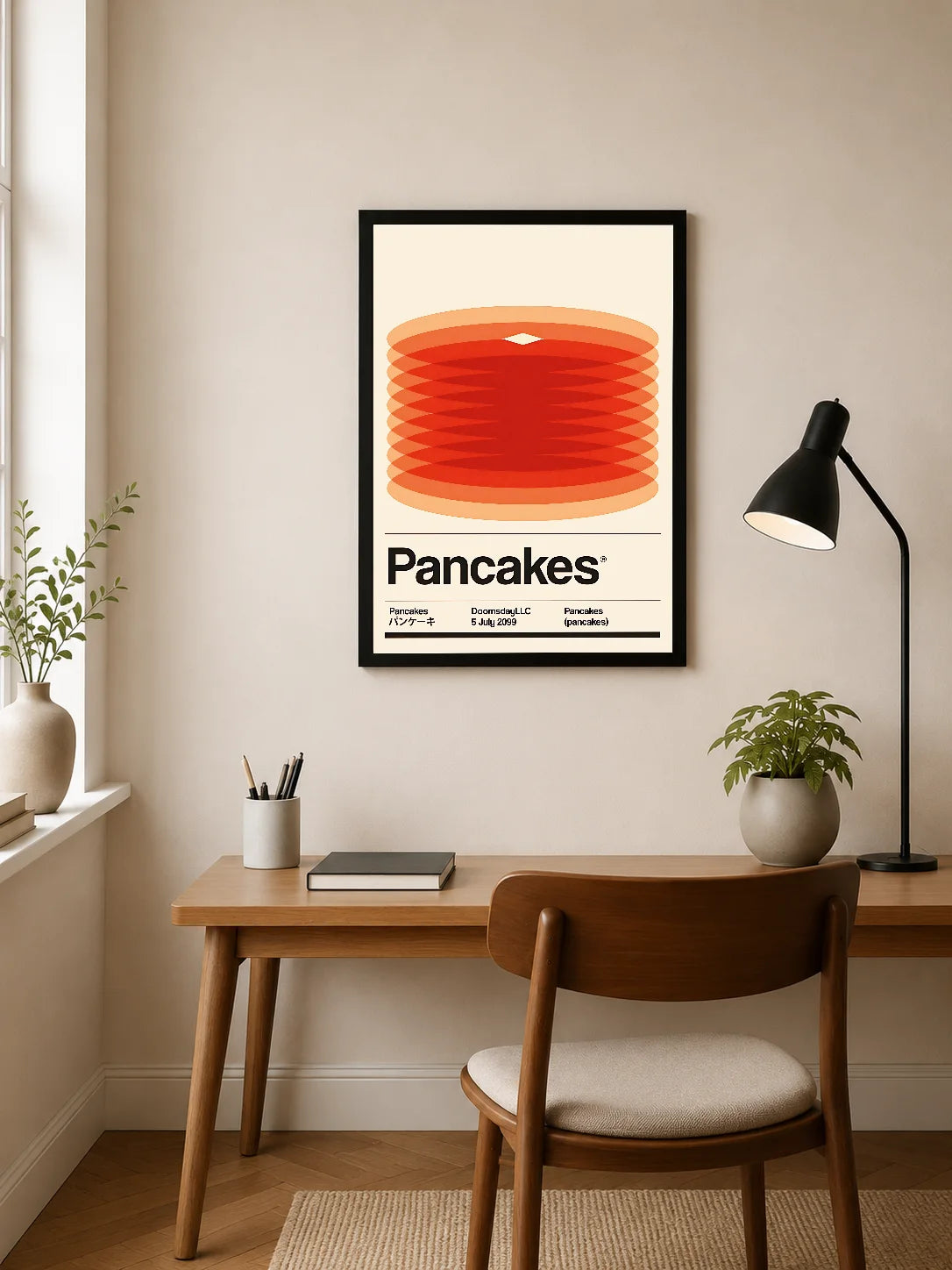 Portrait poster featuring stacked orange-red circular layers above bold black "Pancakes" text with smaller multilingual typography below