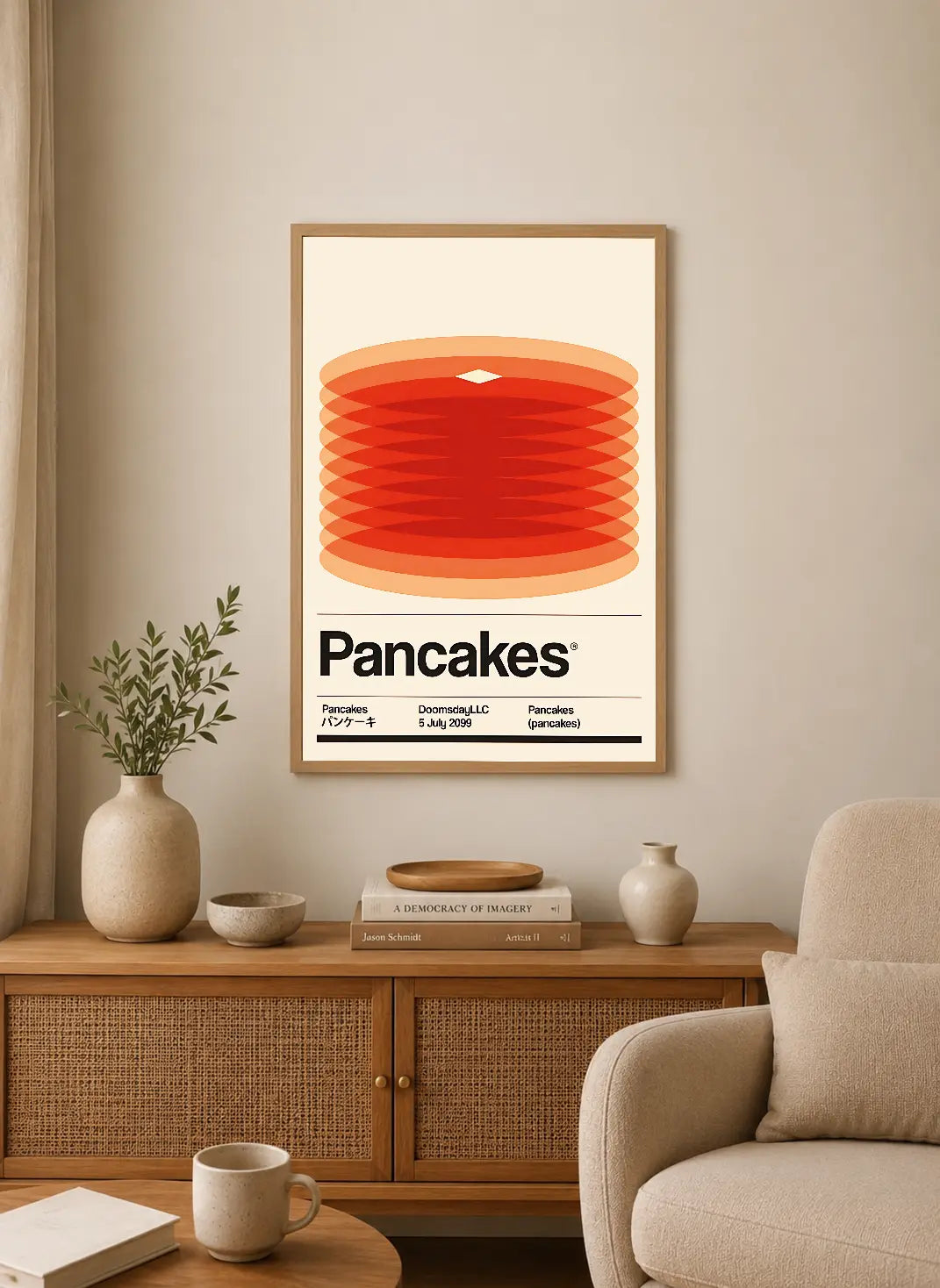 Portrait poster featuring stacked orange-red concentric circles above bold "Pancakes" text with smaller typography below