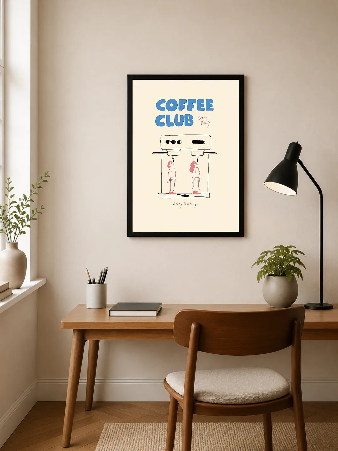 Portrait poster with blue "COFFEE CLUB" text above minimalist illustration of two figures beneath a coffee machine, in muted tones and line art style