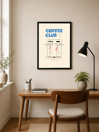 Portrait poster with blue "COFFEE CLUB" text above minimalist illustration of two figures beneath a coffee machine, in muted tones and line art style