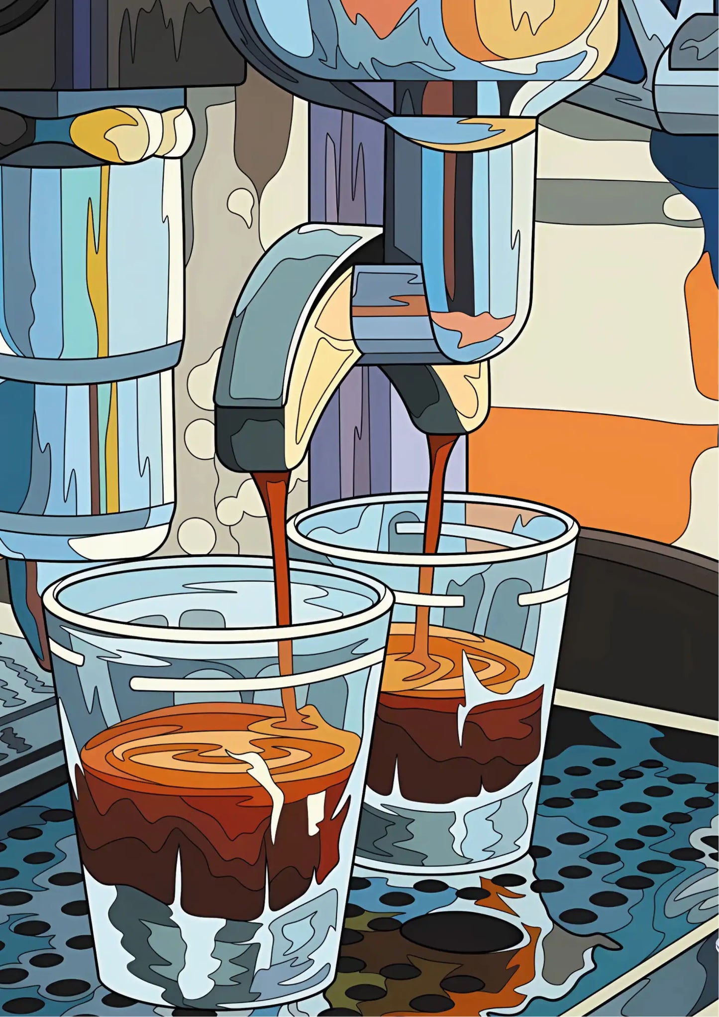 Colorful abstract coffee pour from machine into two cups, stylized with layered hues and fluid lines in vertical composition