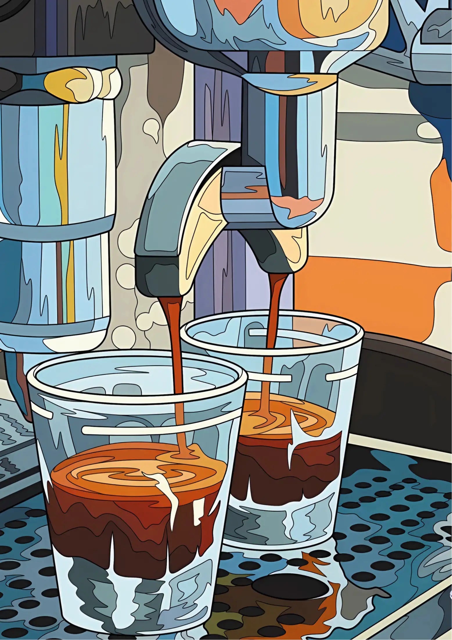 Colorful abstract coffee pour from machine into two cups, stylized with layered hues and fluid lines in vertical composition