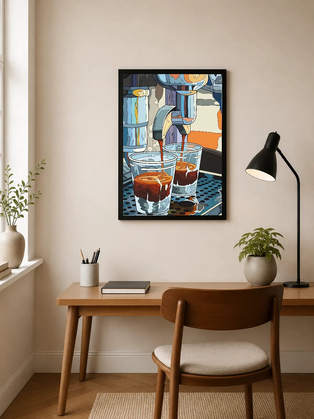 Portrait poster depicting espresso extraction with stylized blue and orange hues, showing coffee pouring into two cups from a machine