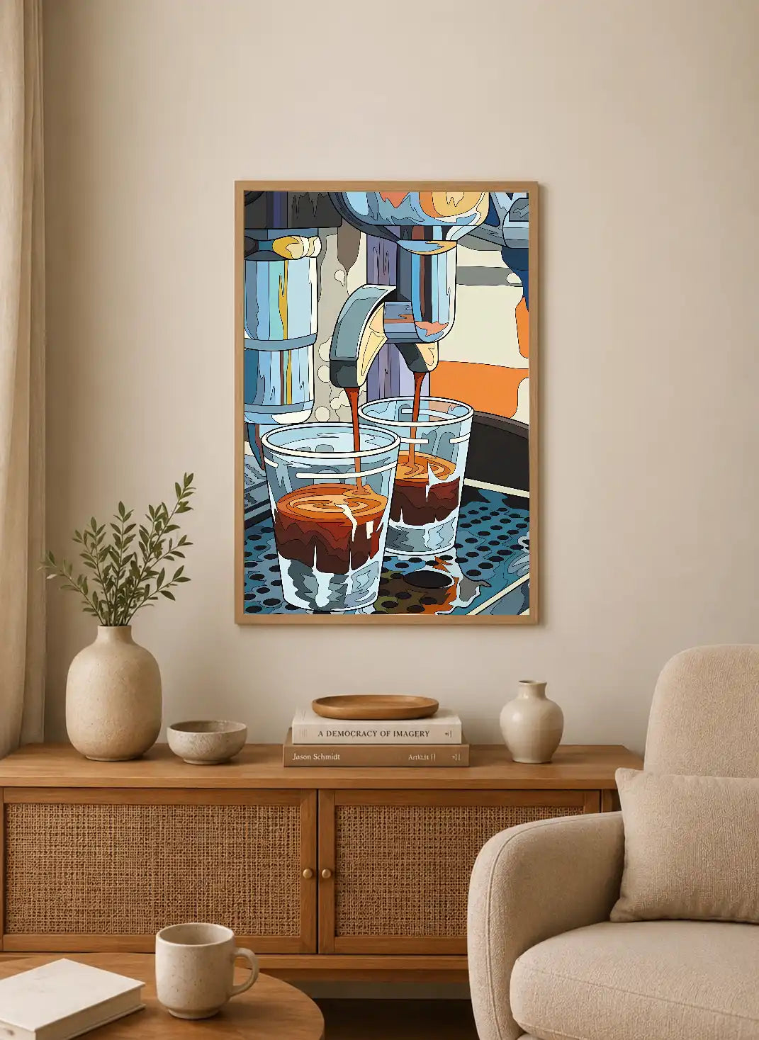 Portrait poster featuring stylized espresso extraction with bold colors and geometric shapes depicting coffee pour into two glasses