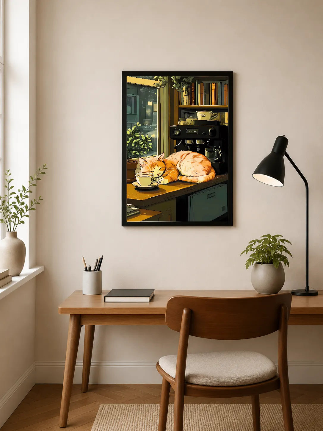 Portrait poster depicts a ginger cat sleeping on a wooden counter beside a coffee machine and teacup, with bookshelves in background