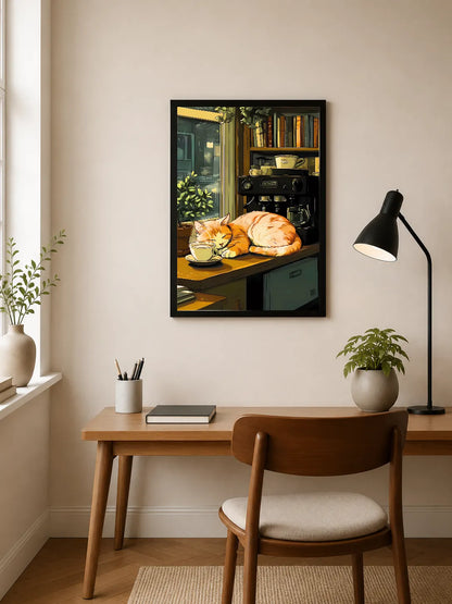 Portrait poster depicts a ginger cat sleeping on a wooden counter beside a coffee machine and teacup, with bookshelves in background