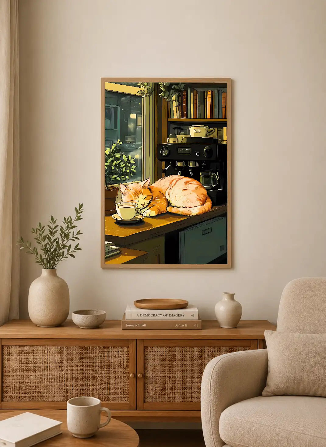 Portrait poster featuring an orange tabby cat sleeping on a wooden counter beside a coffee machine and cups, in warm-toned illustration style
