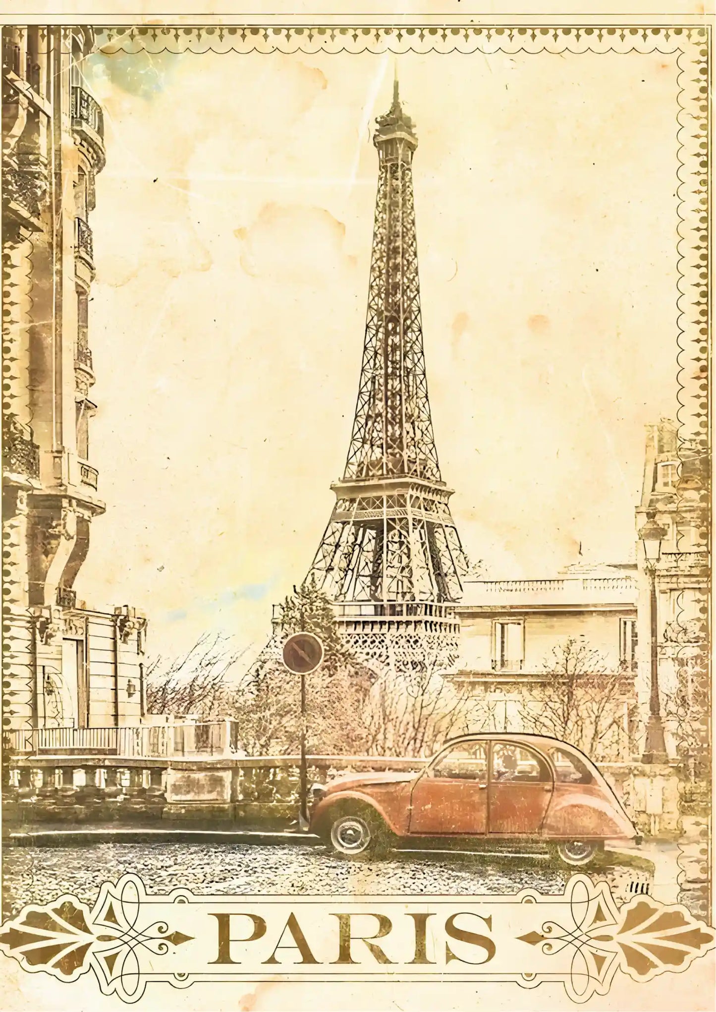 Vintage-style poster depicting Eiffel Tower and classic car in sepia-toned tones with ornate border and "PARIS" typography at bottom