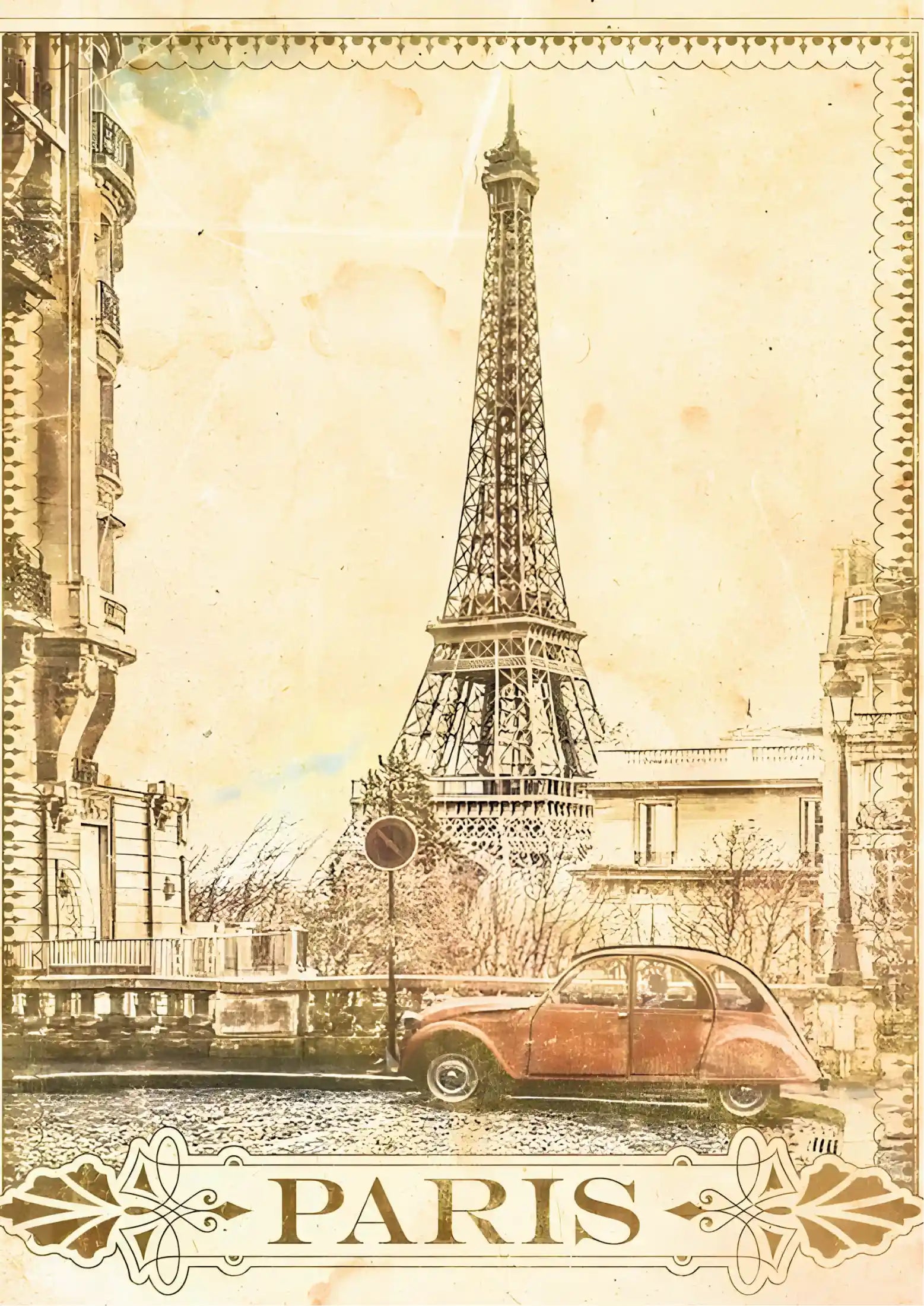 Vintage-style poster depicting Eiffel Tower and classic car in sepia-toned tones with ornate border and "PARIS" typography at bottom