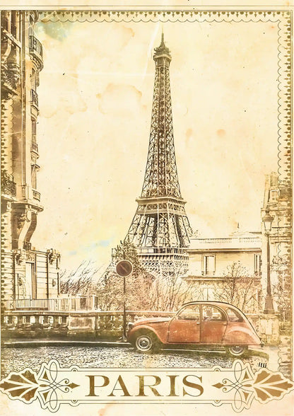 Vintage-style poster depicting Eiffel Tower and classic car in sepia-toned tones with ornate border and "PARIS" typography at bottom