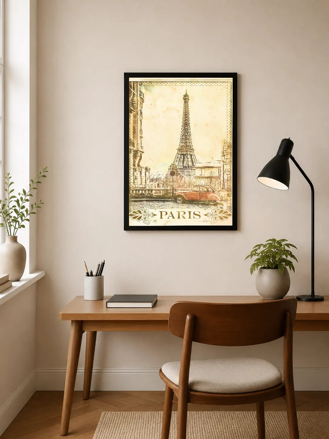 Portrait poster depicting Eiffel Tower and vintage car in sepia-toned, watercolor style with ornate typography and decorative borders