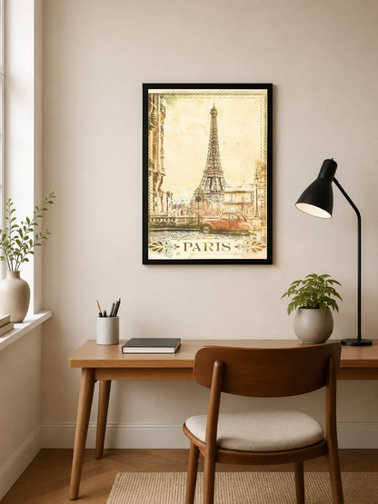 Portrait poster depicting Eiffel Tower and vintage car in sepia-toned, watercolor style with ornate typography and decorative borders