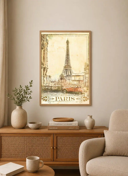 Portrait poster featuring Eiffel Tower and red vintage car in sepia-toned, aged aesthetic with ornate "PARIS" typography at bottom