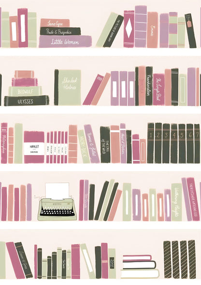 Illustrated bookshelf with stacked and aligned books in muted pastels; typewriter centered below. Textured, hand-drawn style