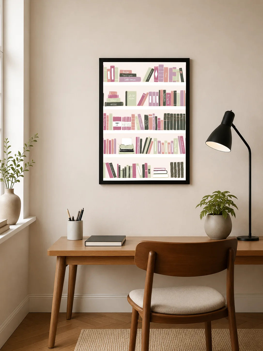 Portrait poster featuring stylized bookshelves with pastel pink, green, and gray spines; includes a typewriter illustration and varied typography