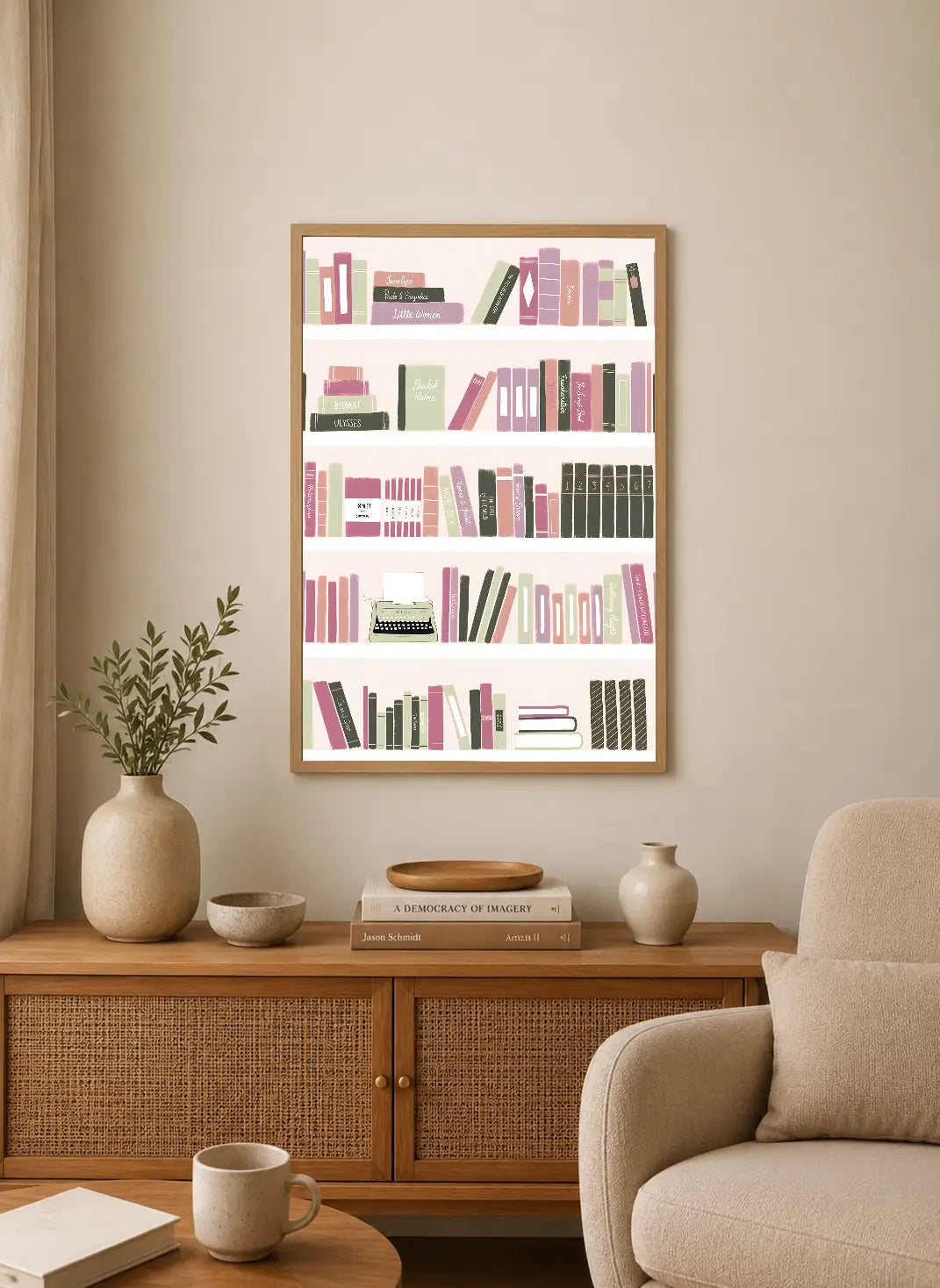 Portrait poster featuring stylized bookshelves with pastel pink, green, and black spines; central typewriter illustration; minimalist design