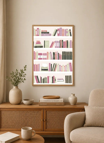Portrait poster featuring stylized bookshelves with pastel pink, green, and black spines; central typewriter illustration; minimalist design