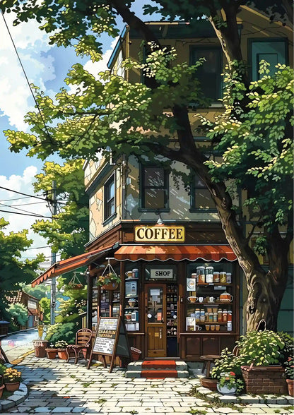 Portrait poster featuring a cozy coffee shop with wooden doors, glass shelves displaying jars and cups, green foliage above, and warm-toned awnings