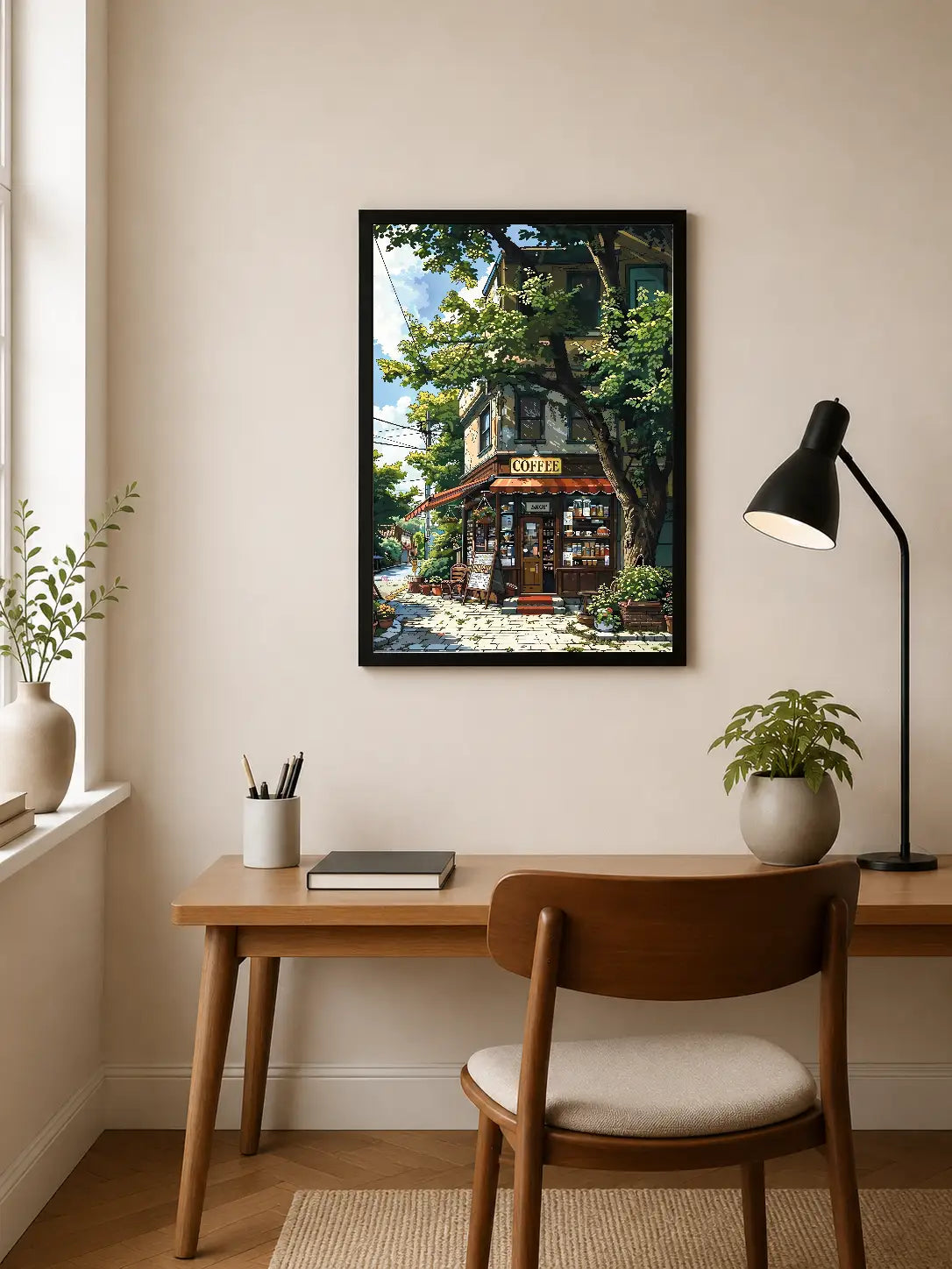 Portrait poster depicting a quaint coffee shop with lush green trees and warm-toned architecture under bright sunlight
