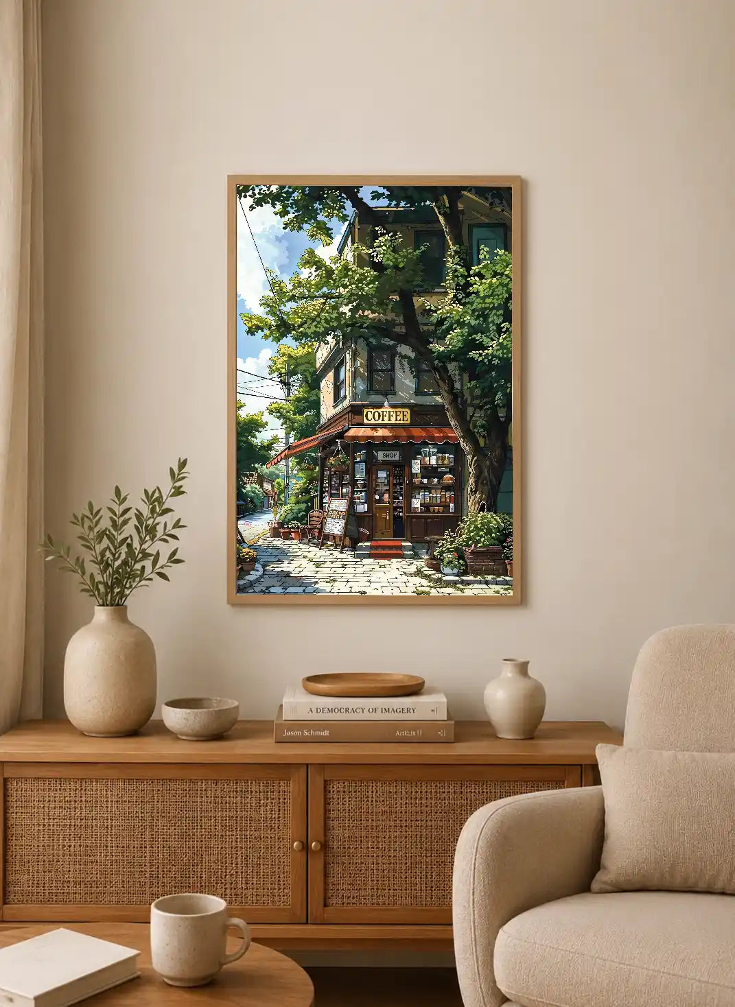 Portrait poster depicting a charming coffee shop with lush green trees, cobblestone path, and warm-toned building facade under blue sky