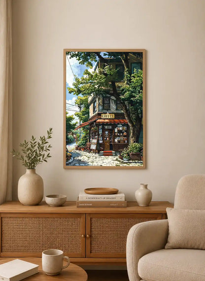 Portrait poster depicting a charming coffee shop with lush green trees, cobblestone path, and warm-toned building facade under blue sky