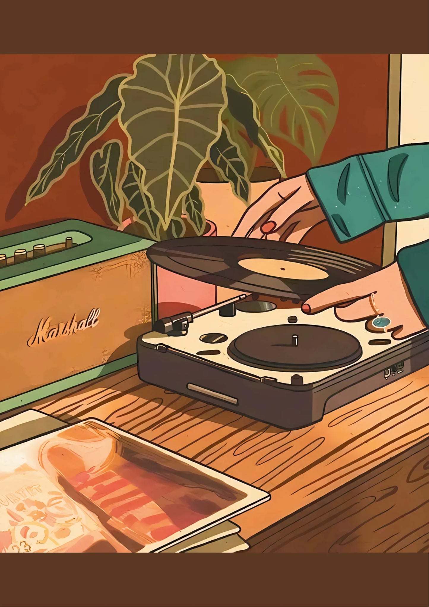 Hands placing vinyl record on turntable beside Marshall amplifier, warm earth tones, illustrated style, portrait orientation