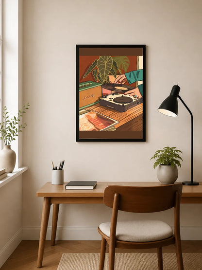Portrait poster depicting hands placing a vinyl record on a turntable, with warm orange and green tones, stylized illustration style