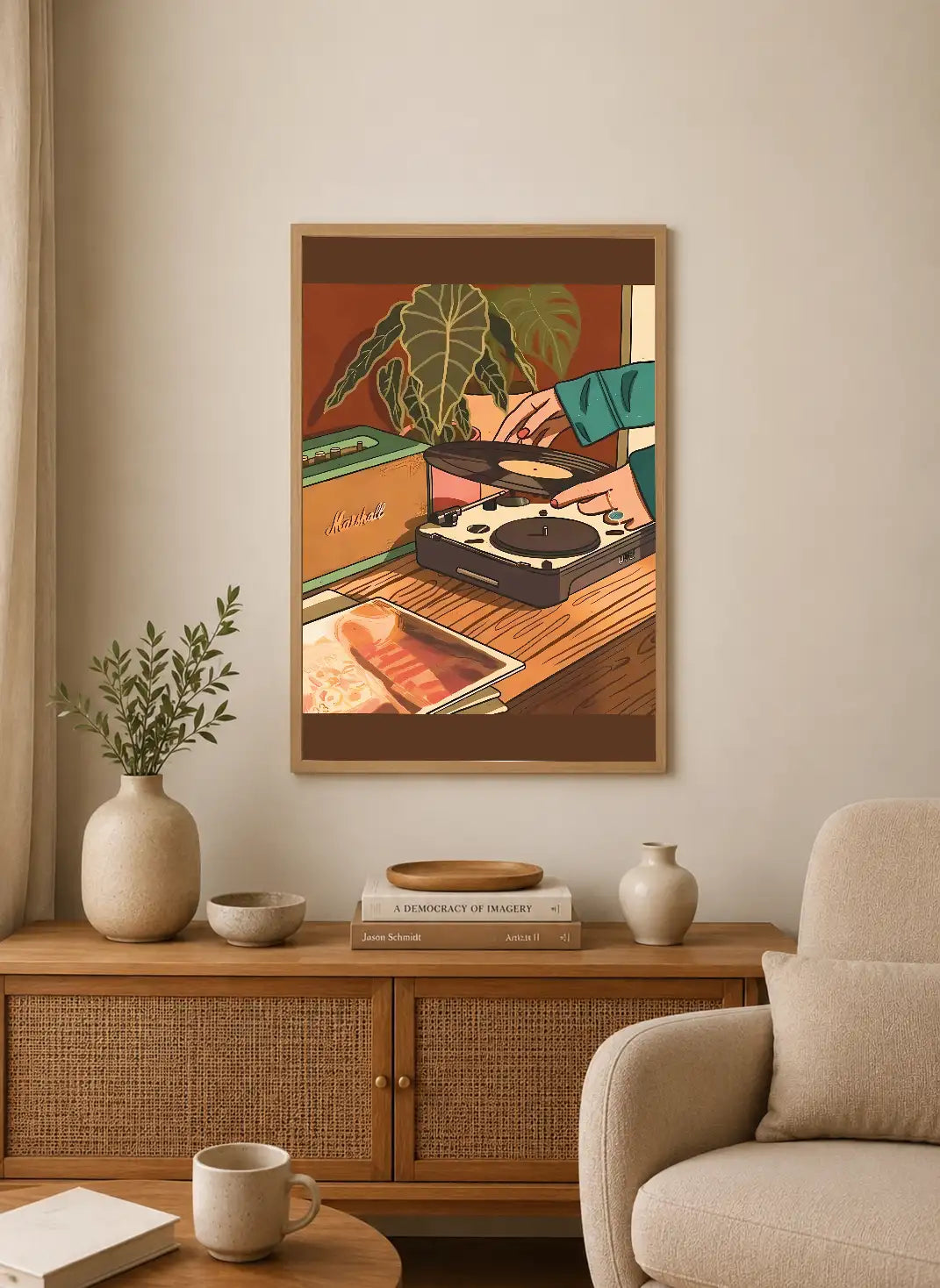 Portrait poster depicts hands placing a vinyl record on a turntable beside a Marshall speaker, with warm earthy tones and stylized foliage