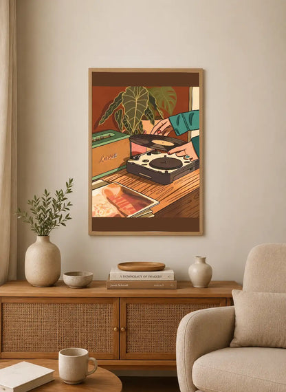 Portrait poster depicts hands placing a vinyl record on a turntable beside a Marshall speaker, with warm earthy tones and stylized foliage