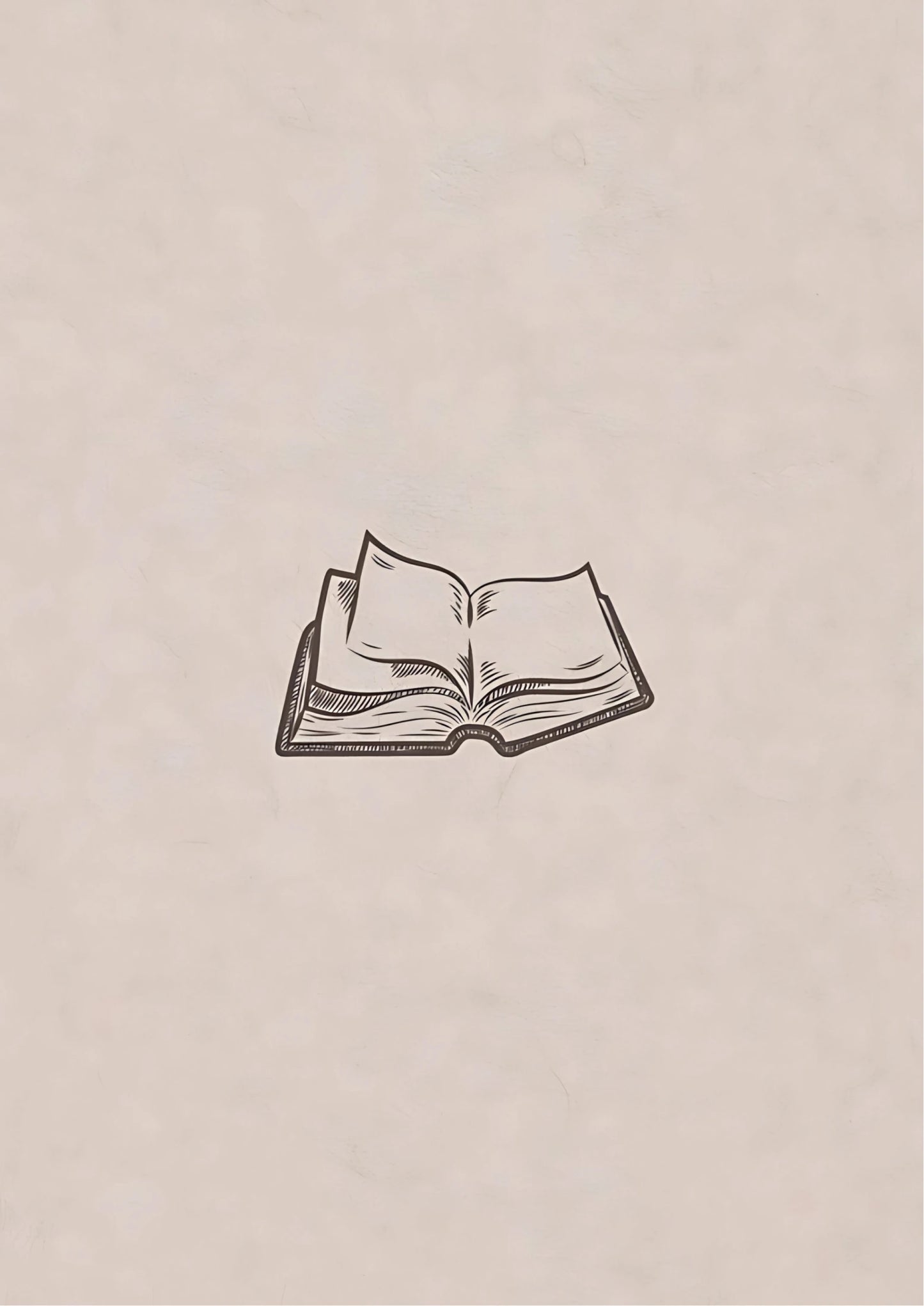 Black ink sketch of an open book on textured beige background, centered composition, minimalist line art style
