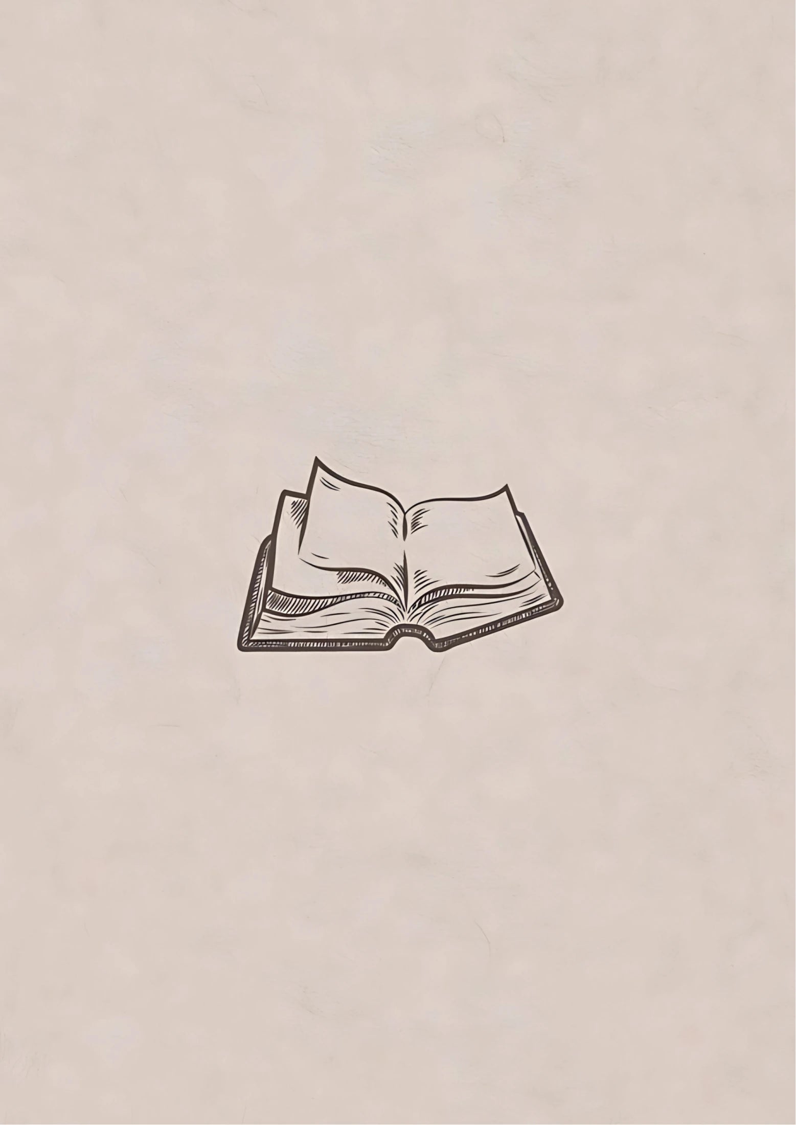 Black ink sketch of an open book on textured beige background, centered composition, minimalist line art style