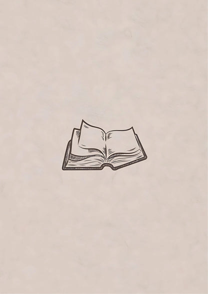 Black ink sketch of an open book on textured beige background, centered composition, minimalist line art style