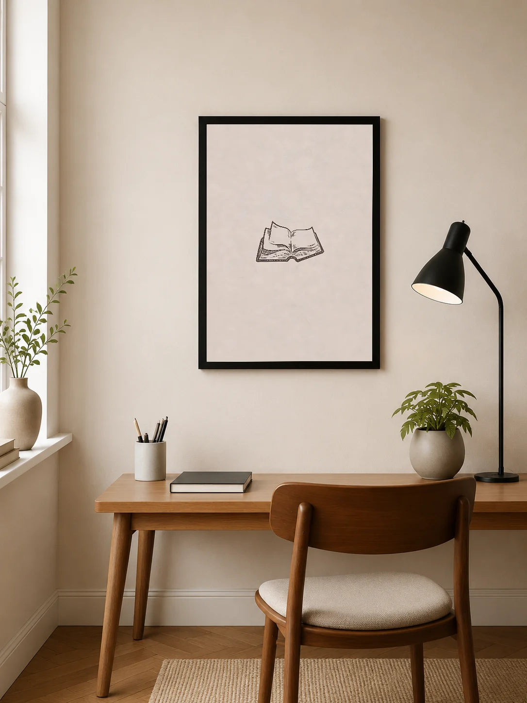 Black line drawing of an open book on a light beige background; portrait orientation
