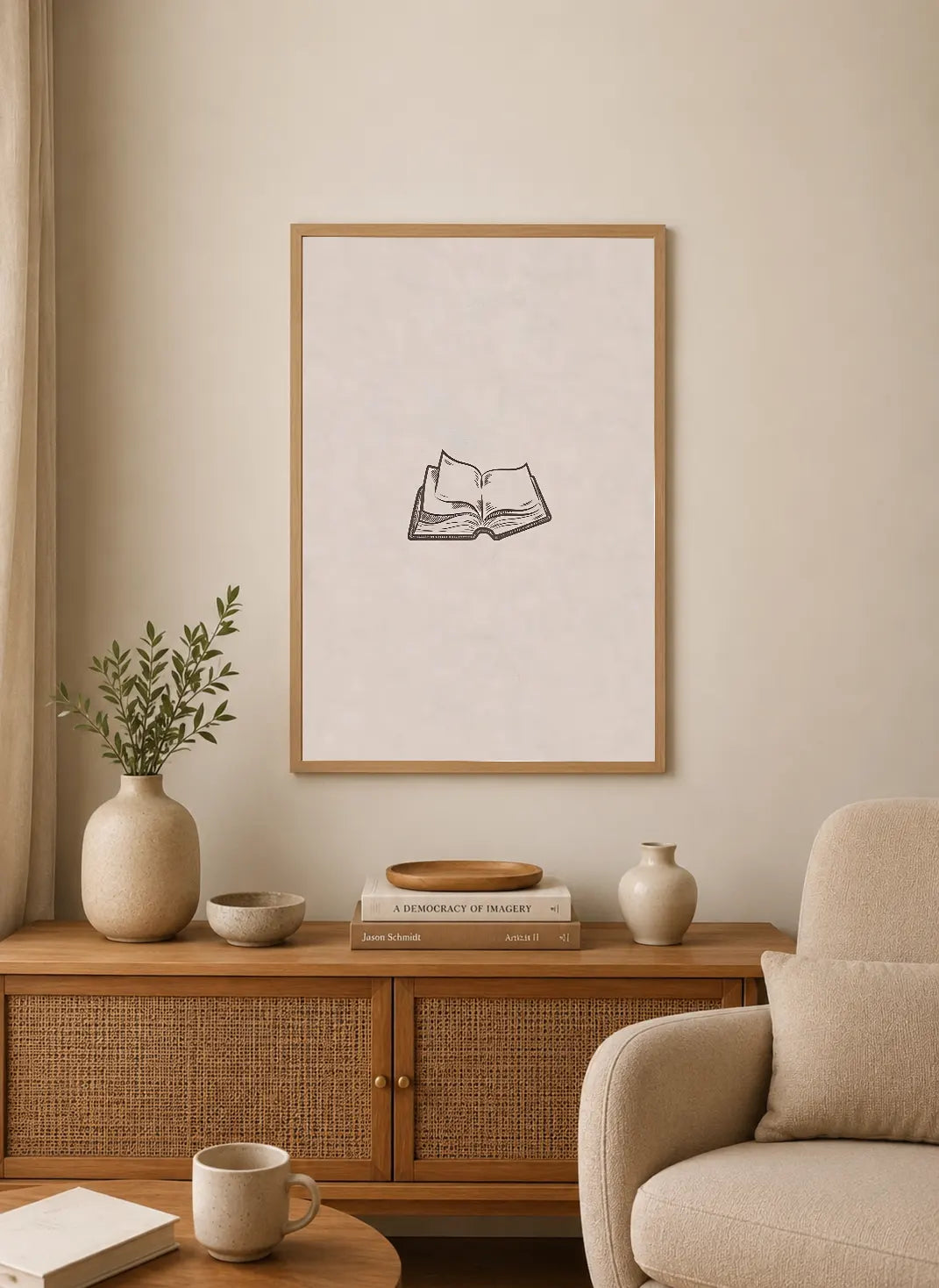 Portrait poster with minimalist line drawing of an open book on a textured off-white background