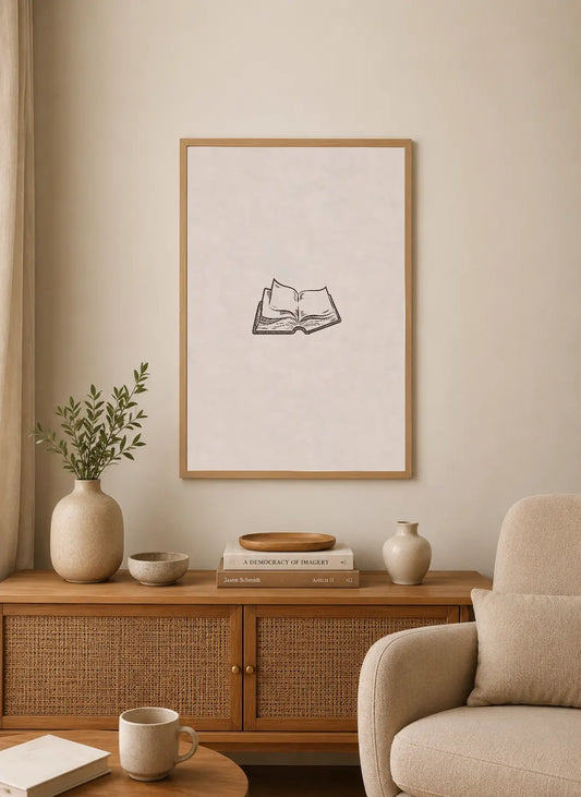 Portrait poster with minimalist line drawing of an open book on a textured off-white background