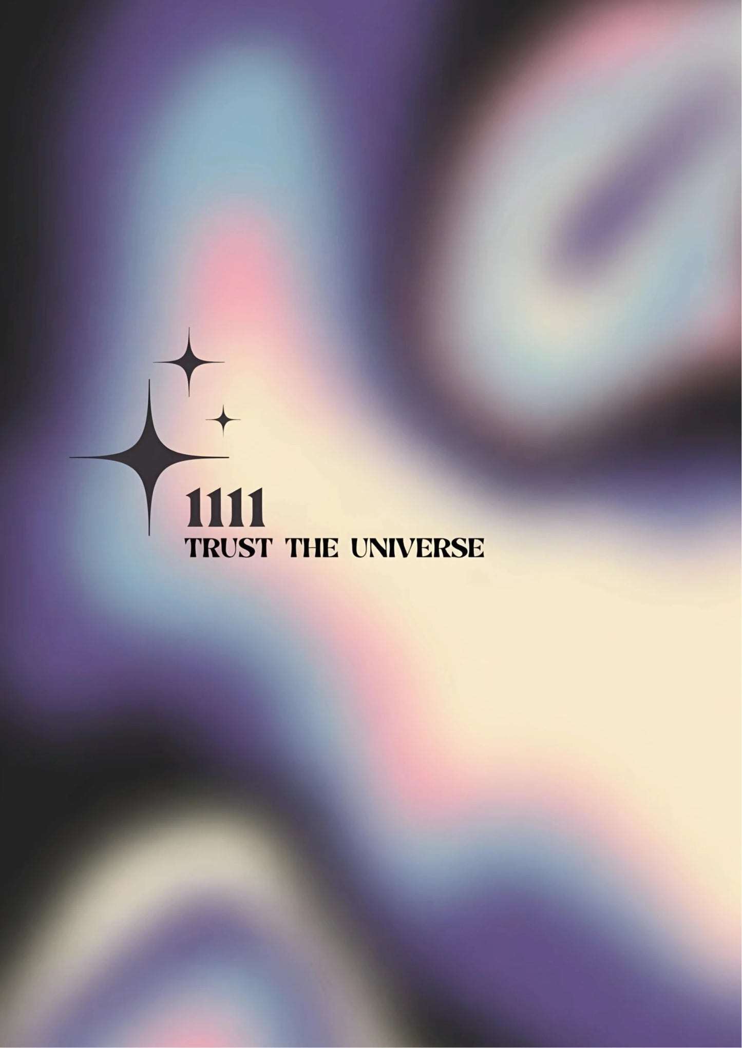 Black stars and numerals "111" above text "TRUST THE UNIVERSE" on soft gradient background of purple, blue, pink, and cream hues