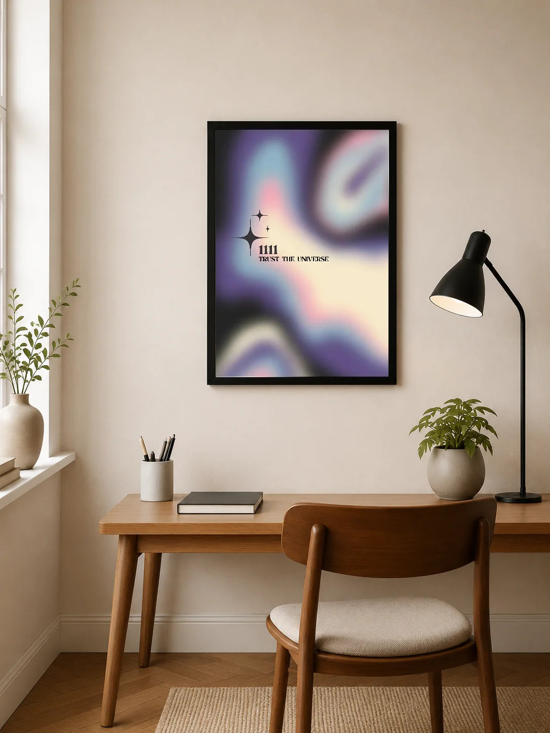 Portrait poster with abstract wavy gradients in purple, pink, and cream, featuring stylized stars and text "1111 TRUST THE UNIVERSE"