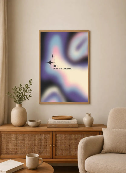Portrait poster with abstract gradient swirls in purple, pink, and cream; features black star-like symbols and text "111 TRUST THE UNIVERSE"