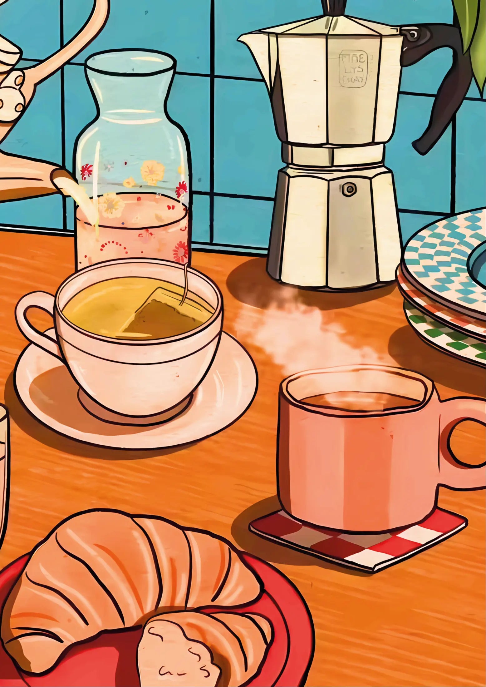 Cartoon-style illustration: steaming mug, Moka pot, croissant, teacup with tea bag, glass pitcher with floral design, warm orange and teal tones
