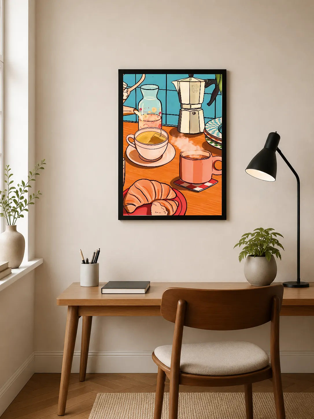 Portrait poster depicting a coffee maker, teacup, croissant, and pitcher on an orange table against a blue tiled background in a stylized