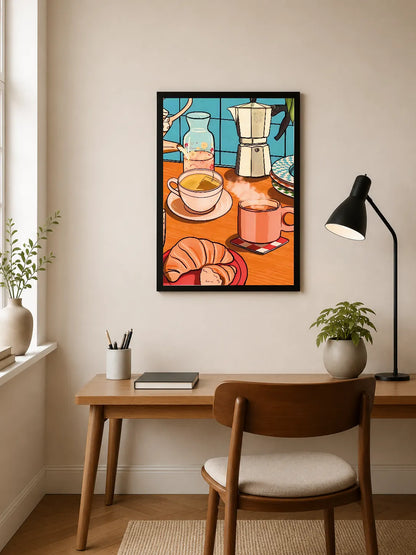 Portrait poster depicting a coffee maker, teacup, croissant, and pitcher on an orange table against a blue tiled background in a stylized