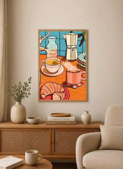 Portrait poster featuring a stylized kitchen scene with coffee cups, a moka pot, a croissant, and glassware in warm oranges, blues, and creams