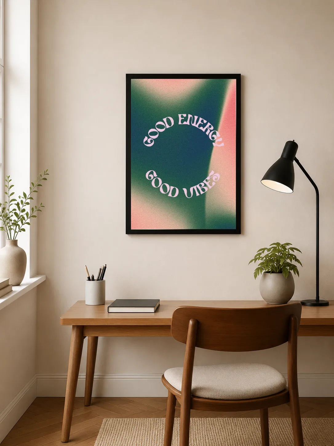 Portrait poster with curved white typography reading "GOOD ENERGY" and "GOOD VIBES" against a gradient green-to-pink background