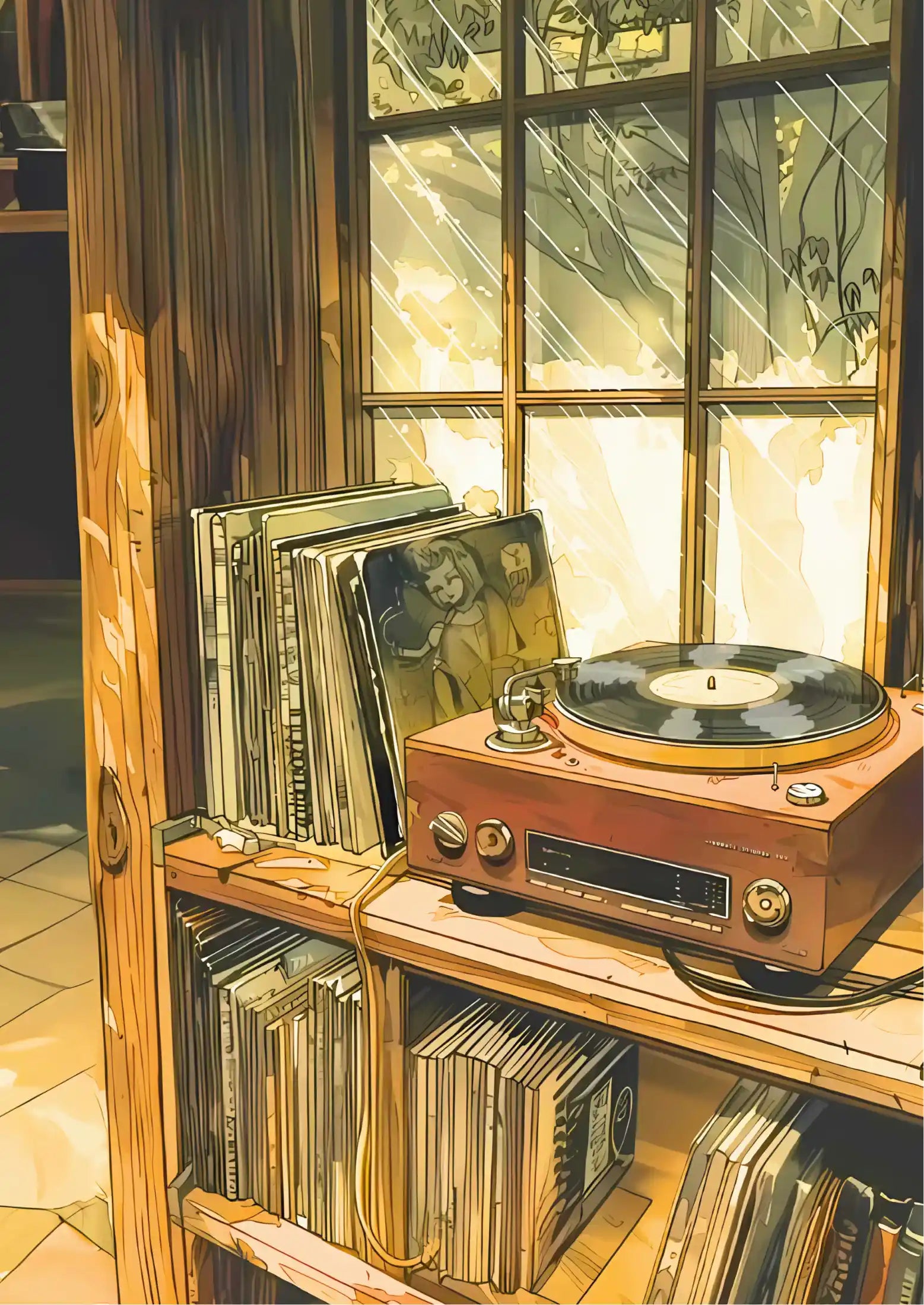 Vintage record player with vinyl on turntable, surrounded by stacked records; warm-toned, illustrated style