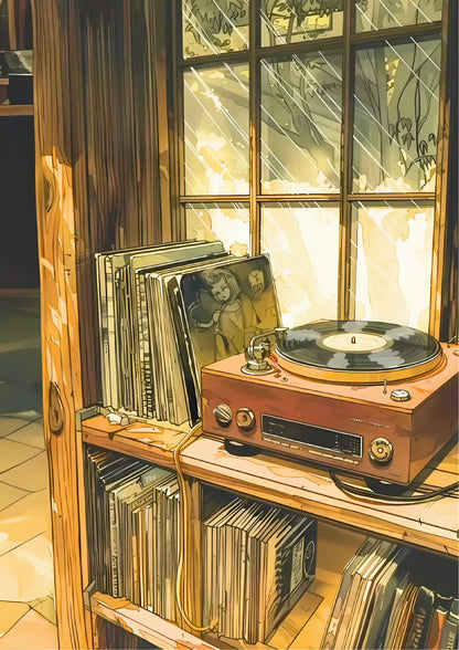 Vintage record player with vinyl on turntable, surrounded by stacked records; warm-toned, illustrated style