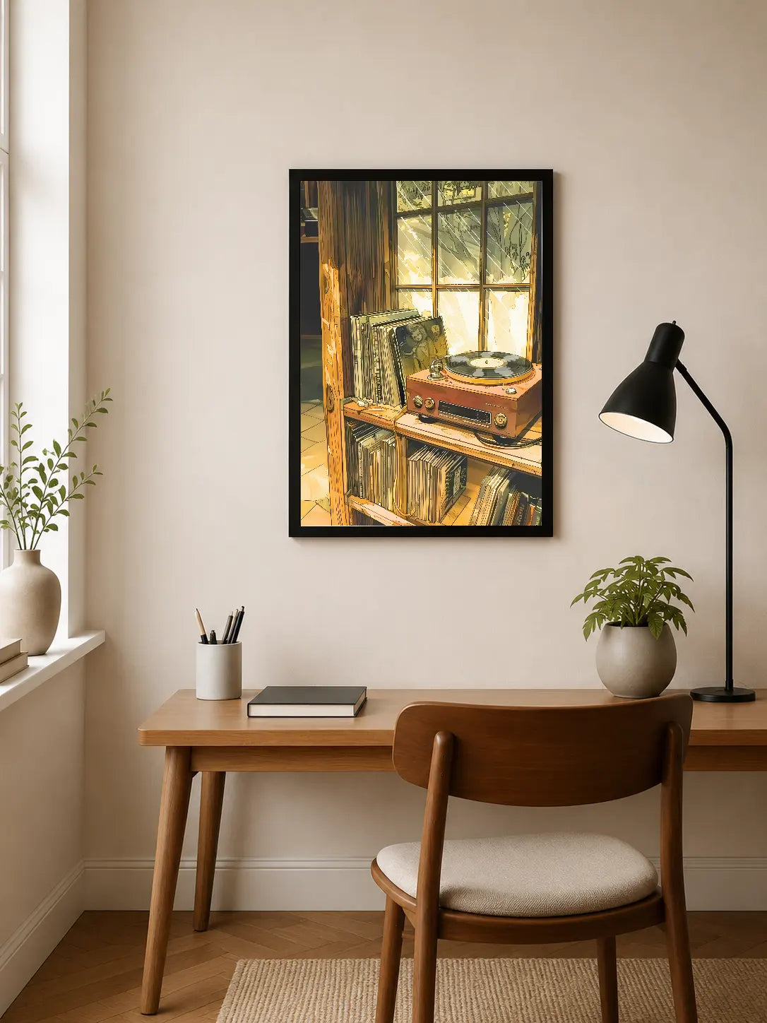 Portrait poster featuring a vintage record player on wooden shelves beside a window, with warm golden light and records arranged neatly