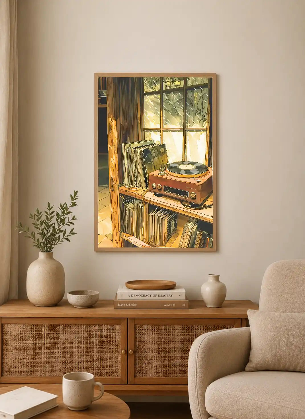 Portrait poster depicts a wooden shelf with vinyl records and a vintage record player under warm golden light