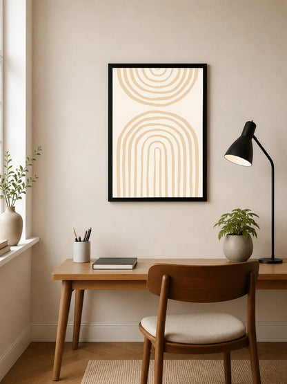 Portrait print featuring concentric beige arches on a cream background, arranged vertically in two distinct patterns