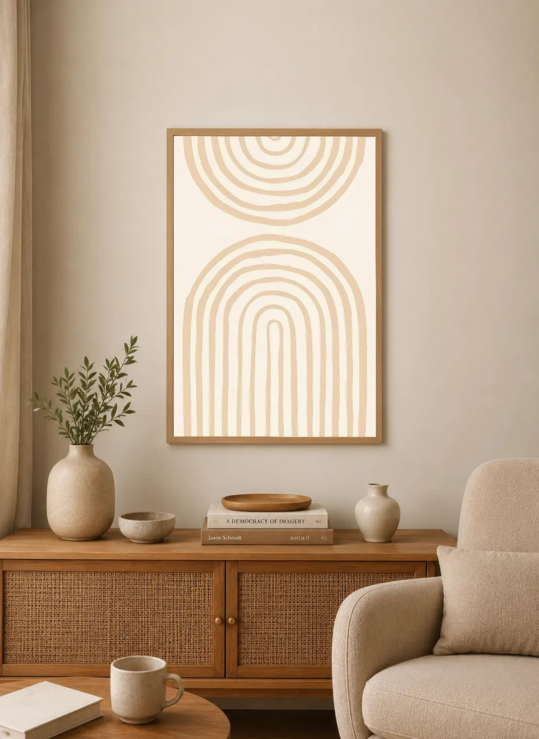 Portrait poster featuring two sets of concentric curved lines in beige on off-white background, minimalist geometric style