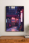 Portrait poster depicts a Japanese alleyway at night, illuminated by pink and red lanterns with neon signage, rendered in pixel-art style